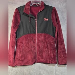 Fila Sport Long Sleeve Full Zip Fleece Jacket Burgundy Black Logo Womens MED EUC